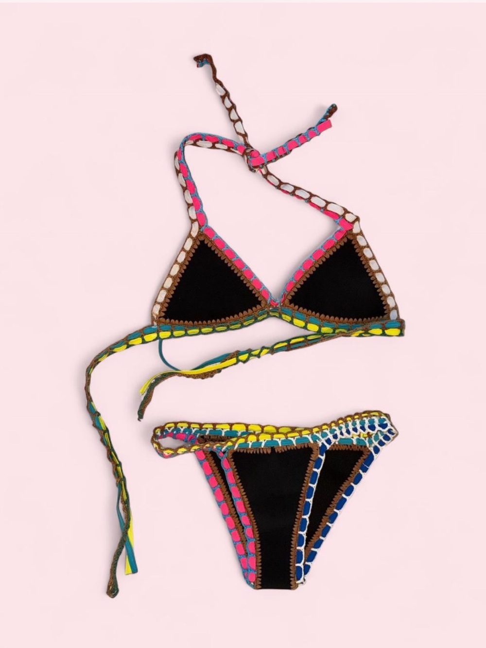 Black Triangle Crochet-Trim Bikini - Women Swim